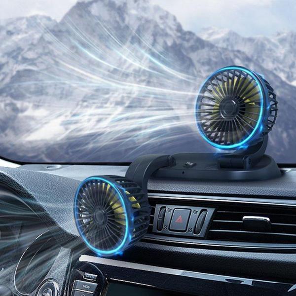 雙頭風扇 輕鬆讓夏天車內溫度消失 搭載雙風扇，省油又省電，小巧便携！ 靜音設計，安裝簡單，創造最舒適的車內環境