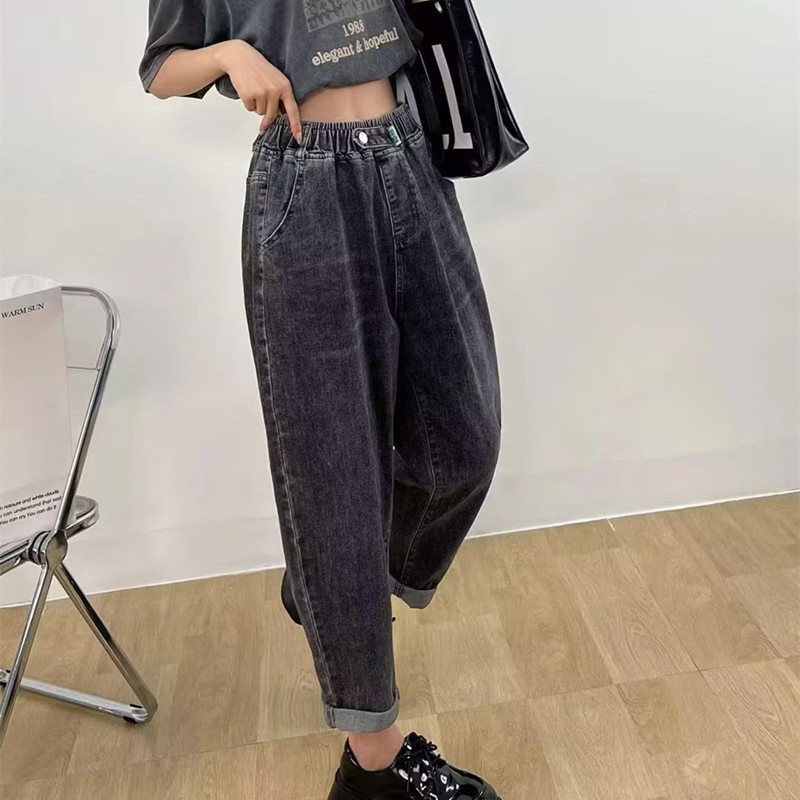 牛仔褲男女款高腰大碼鬆緊腰哈倫褲