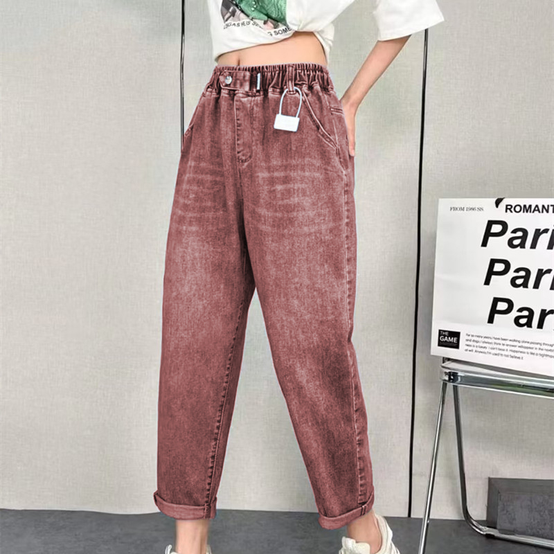 牛仔褲男女款高腰大碼鬆緊腰哈倫褲