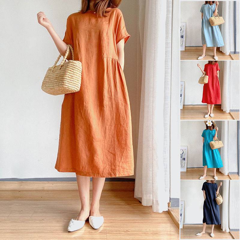 韓版文藝寬鬆棉麻連衣裙